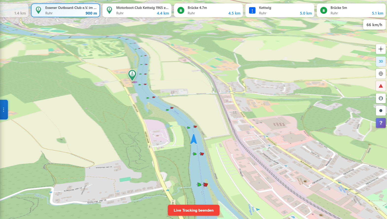 Navinaut Live-Tracking in der 2D-Kartenansicht mit Wegpunkten und Geschwindigkeit
