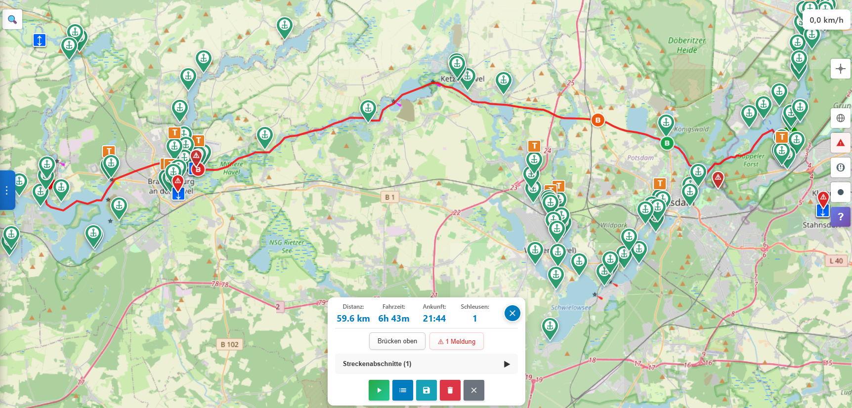 Karte: Bootsroute Berlin nach Brandenburg an der Havel