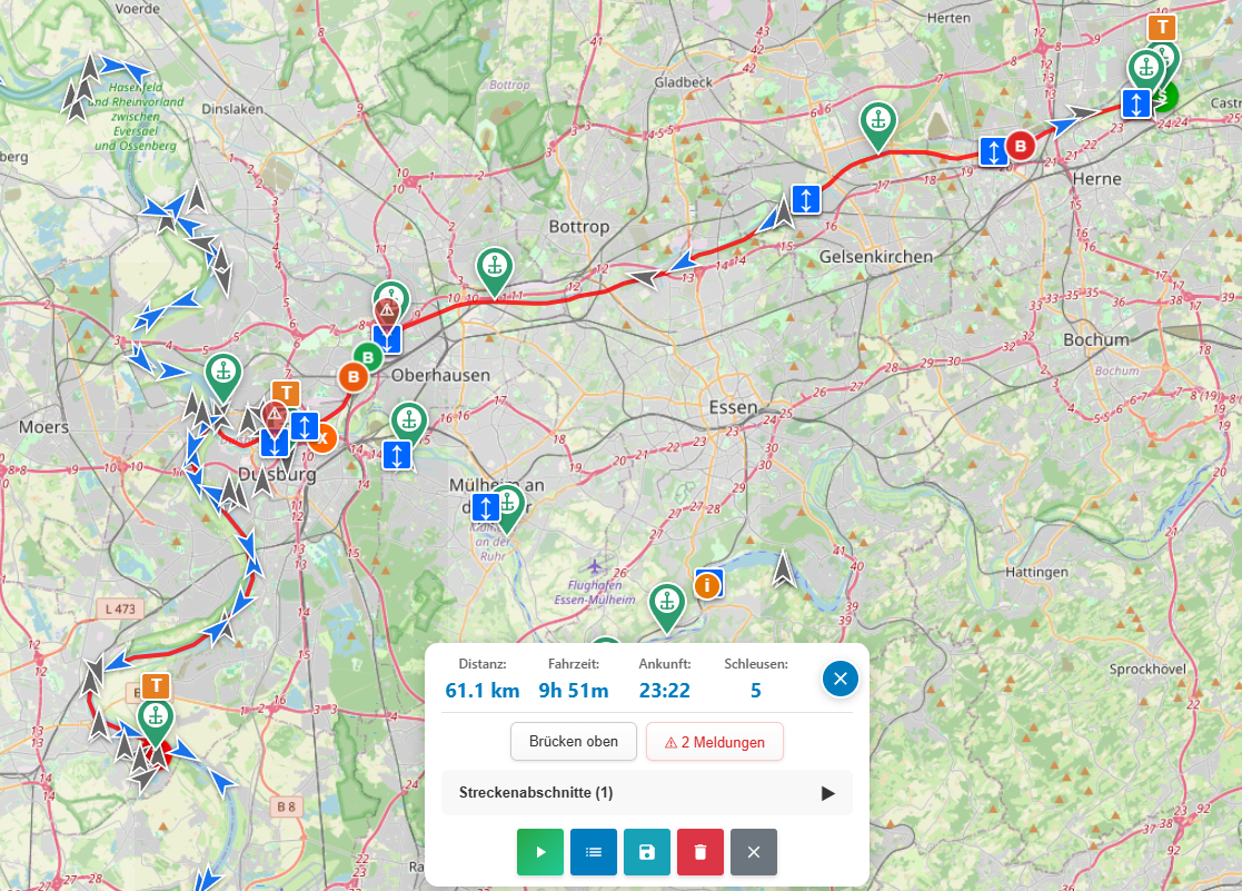 Karte: Bootsroute Castrop-Rauxel nach Krefeld
