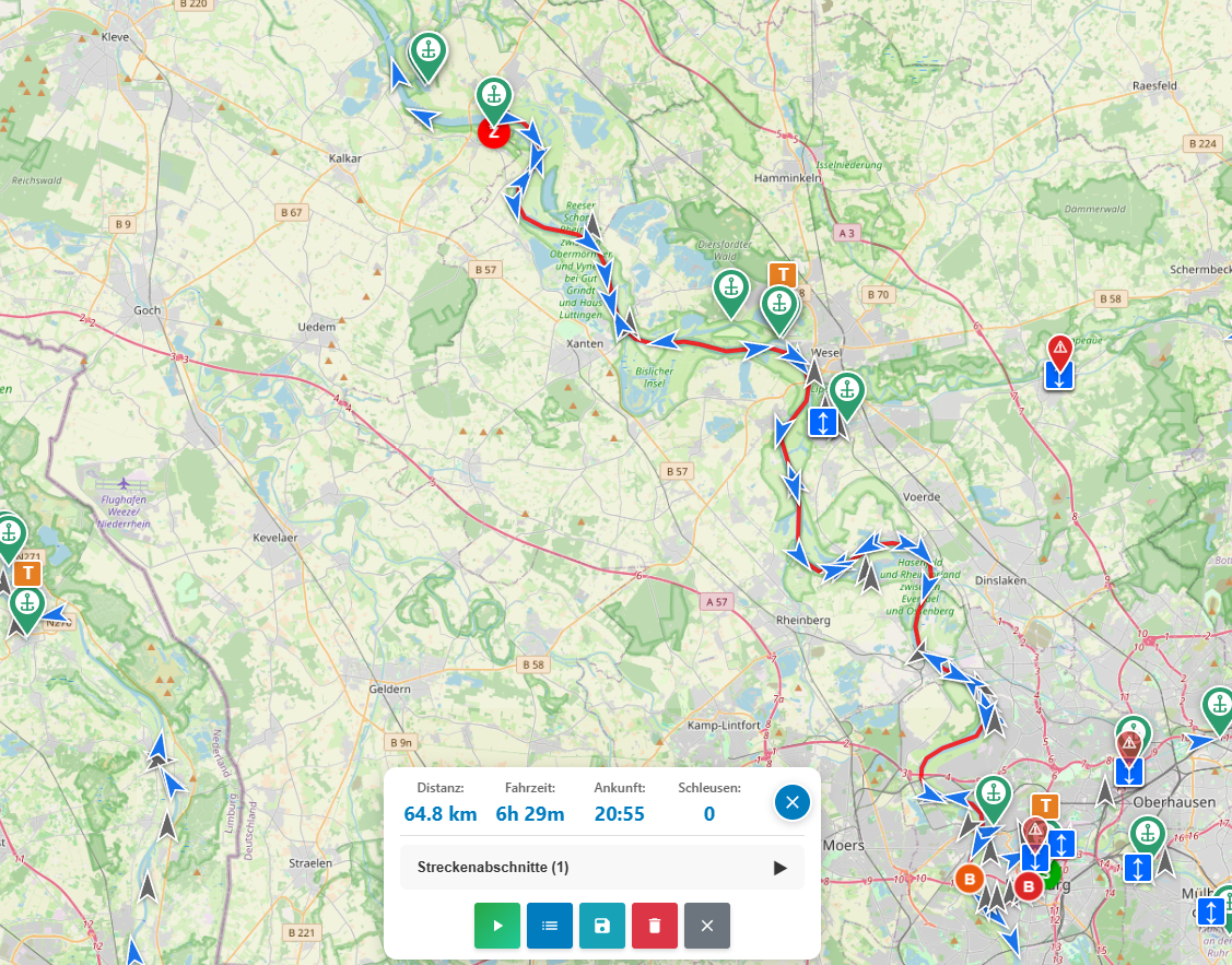 Karte: Bootsroute Duisburg nach Kalkar