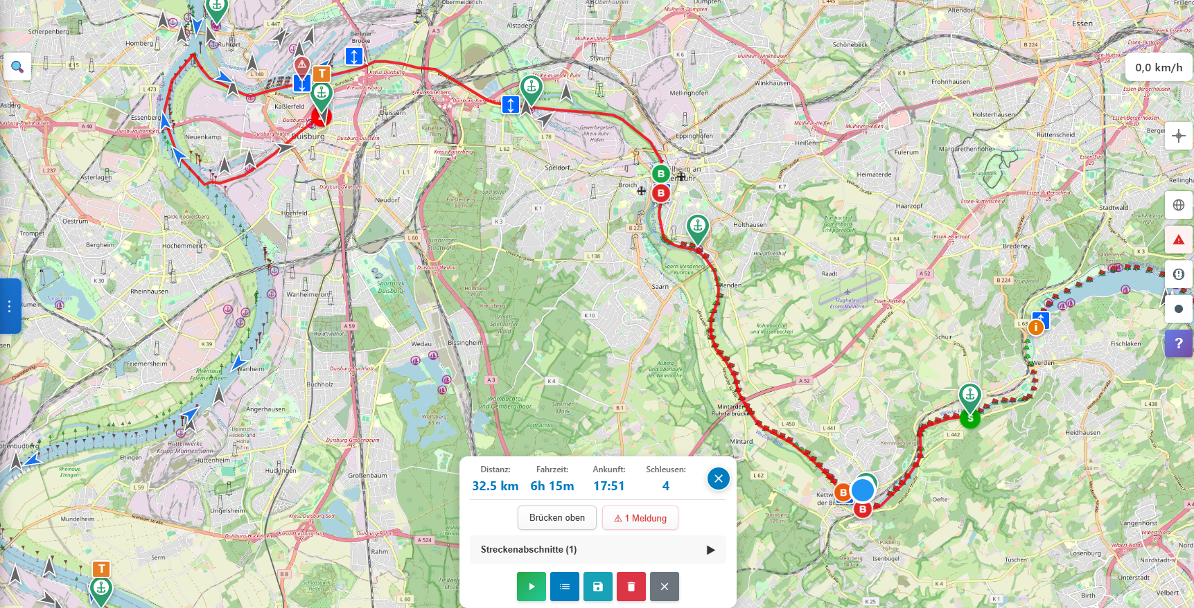 Karte: Bootsroute Essen nach Duisburg