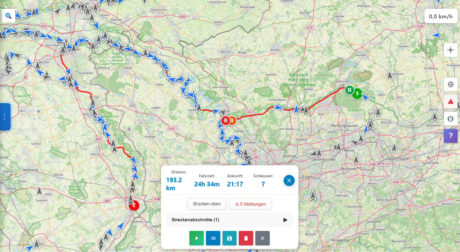 Karte: Bootsroute Haltern am See nach Venlo