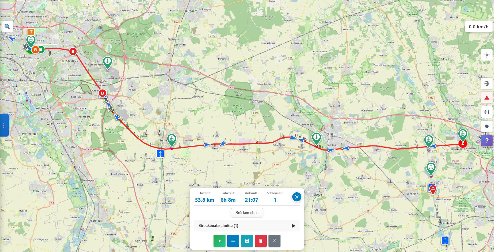 Karte: Bootsroute Hannover nach Braunschweig