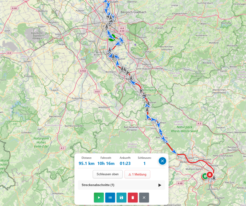 Karte: Bootsroute Köln nach Koblenz