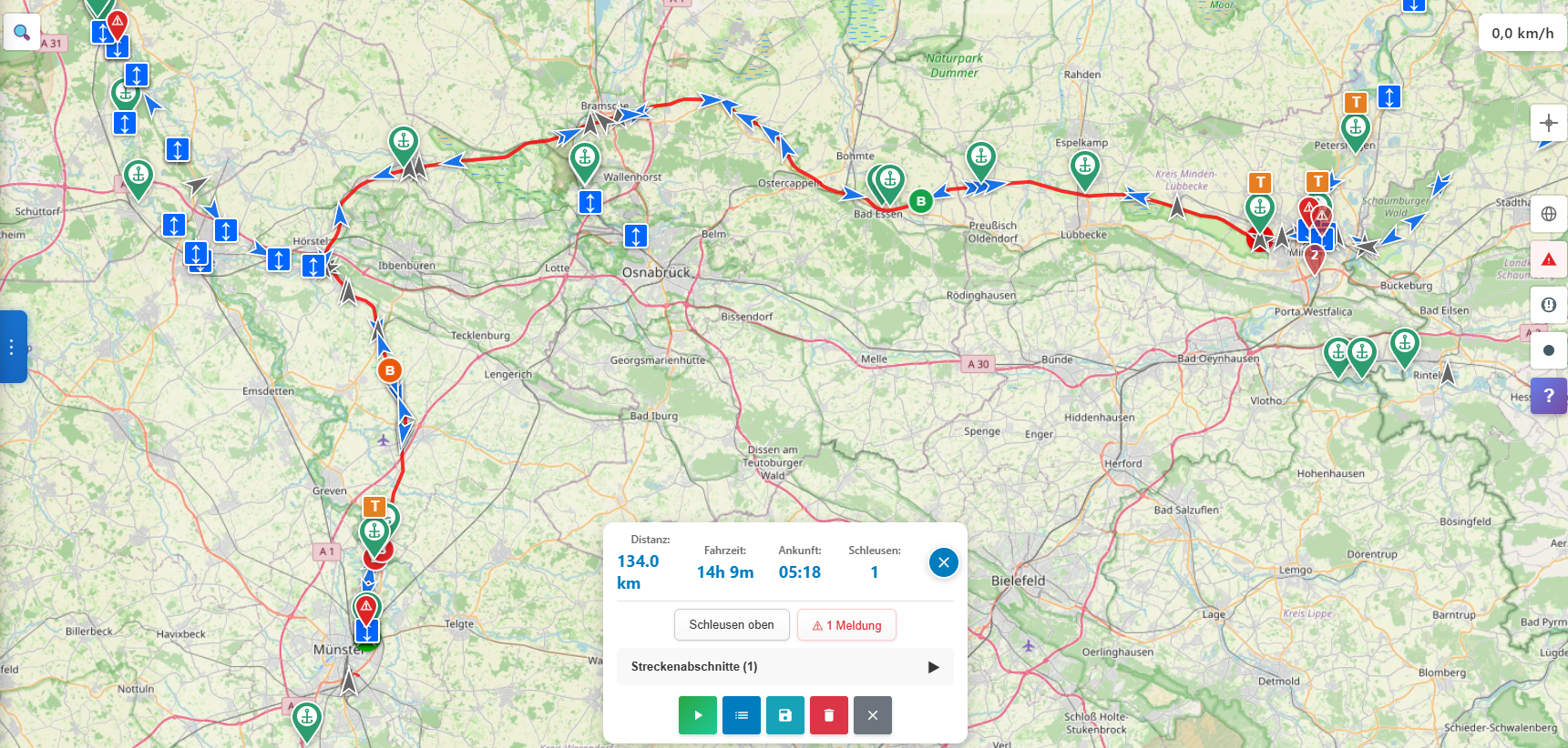 Karte: Bootsroute Münster nach Minden
