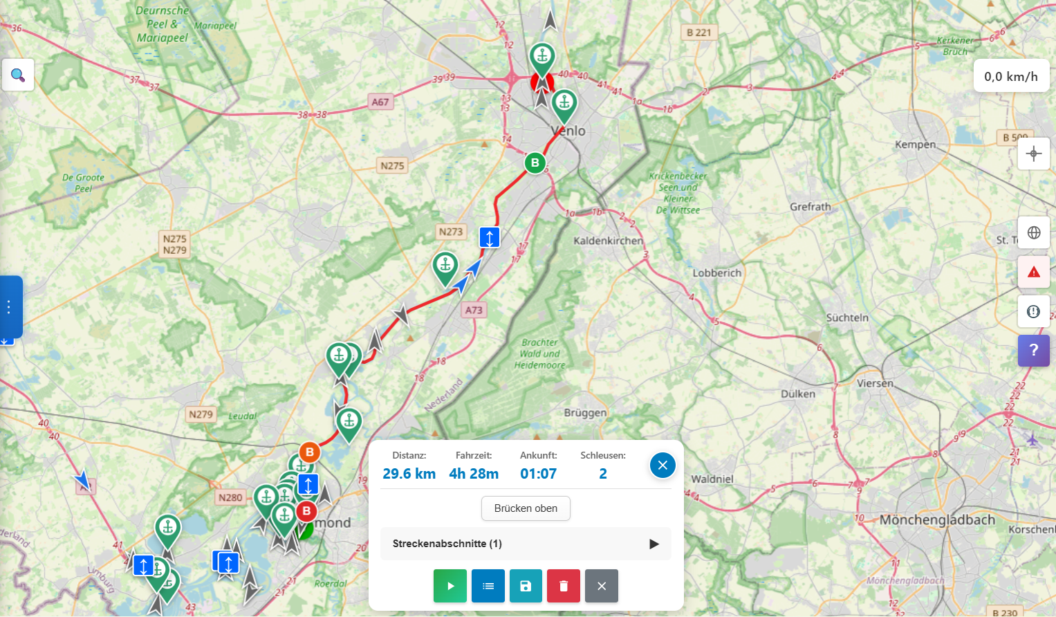Karte: Bootsroute Roermond nach Venlo