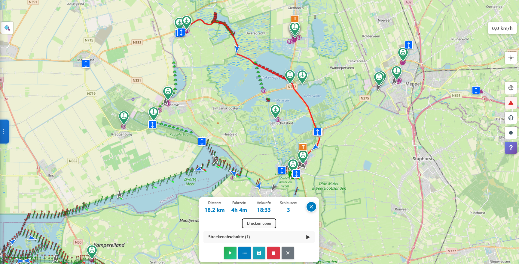 Karte: Bootsroute Zwartsluis nach Blokzijl