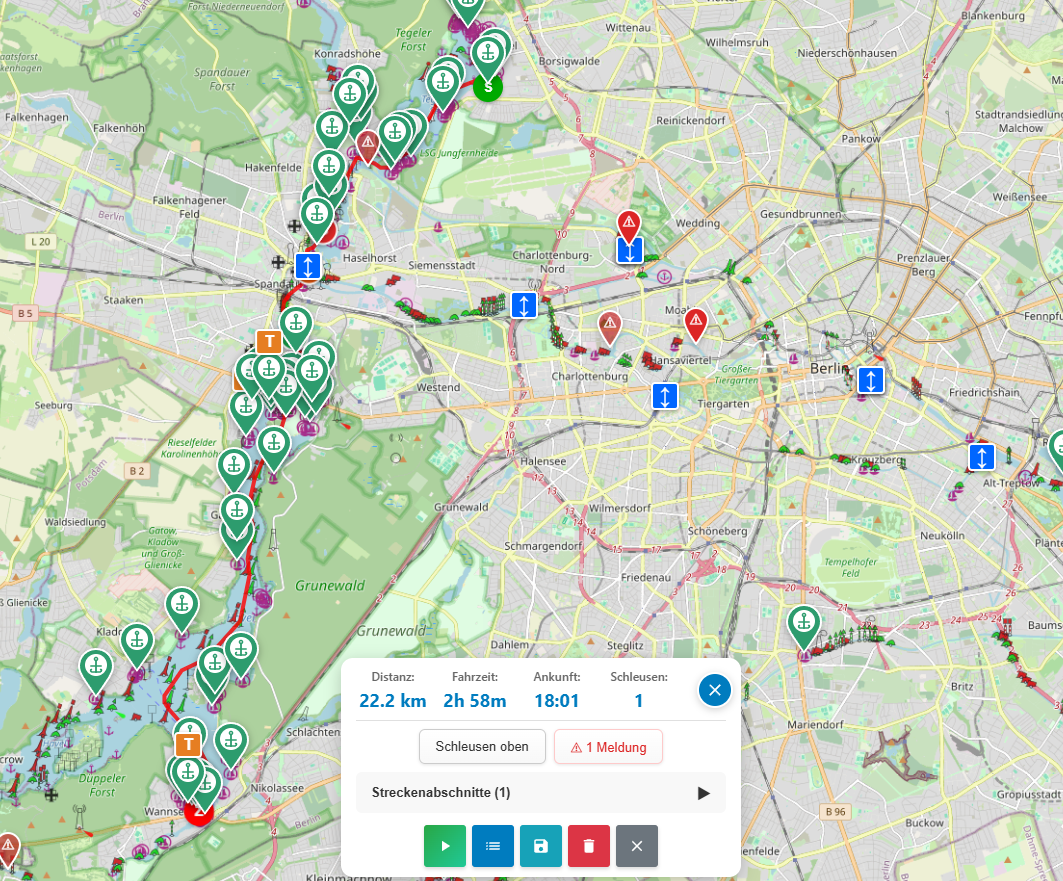 Karte: Bootsroute Berlin nach Berlin