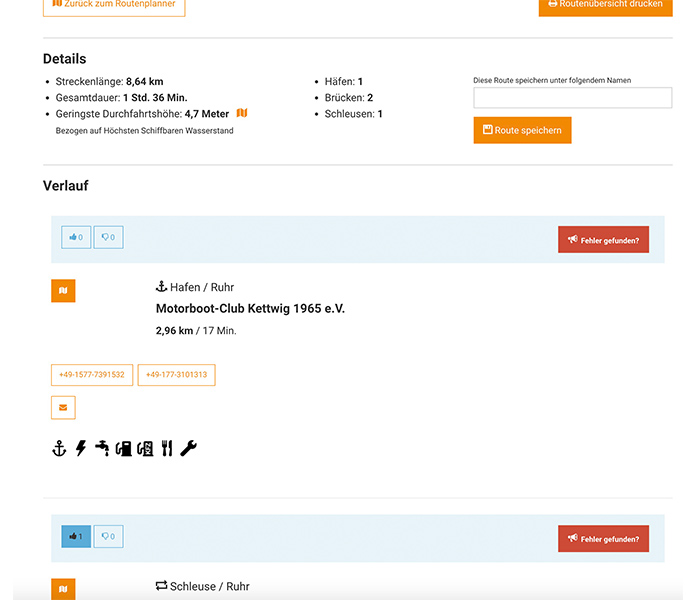 Umfangreiche Routenliste